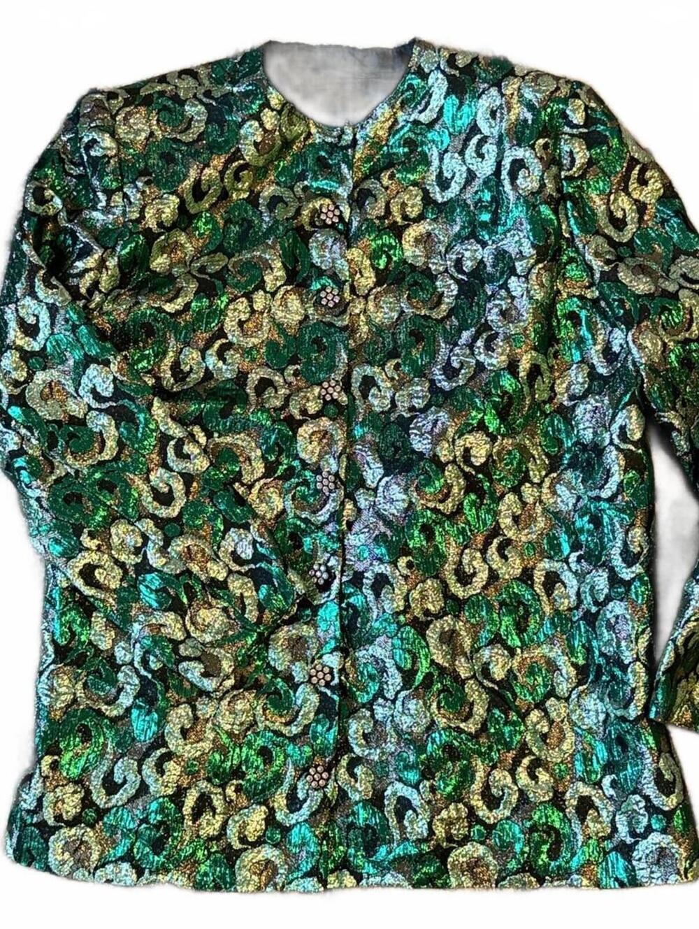 Vintage Green Gold Metallic Brocade Rhinestone Jacket